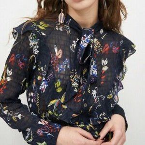 Tanya Taylor Layla Silk Blend Tie Neck Blouse, Navy floral, sz 14
